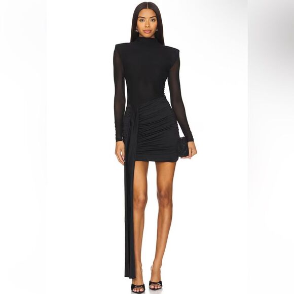 Nookie Enigma Mini Dress Black Long-Sleeve mesh ruched Revolve S New - Picture 1 of 9